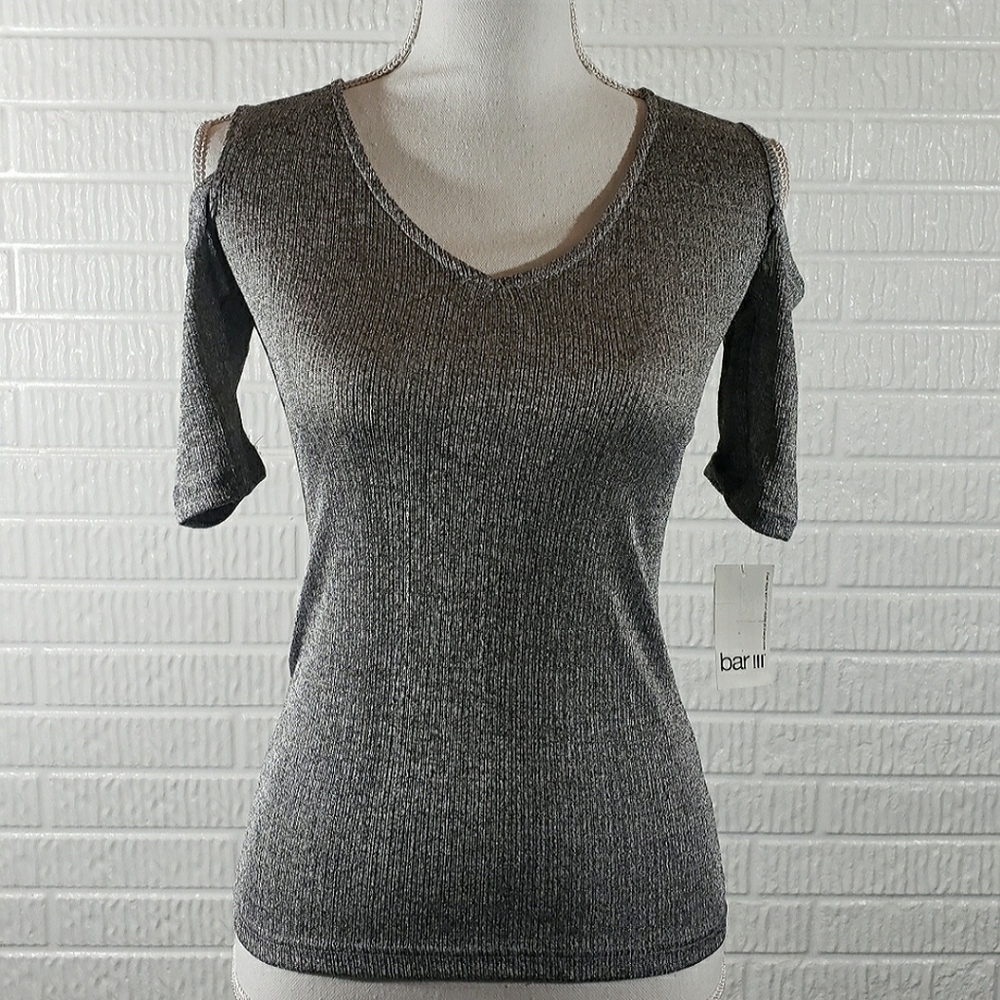 Bar 111, top, cold shoulder, shimmery gray, v-neck